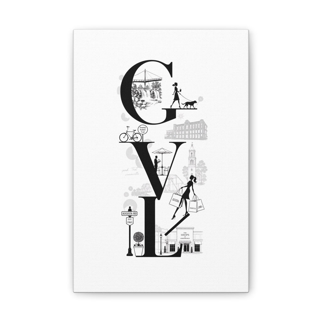 Greenville SC City Vibes Canvas Wall Art  ‘GVL’ Fashion & Travel Silhouette Print