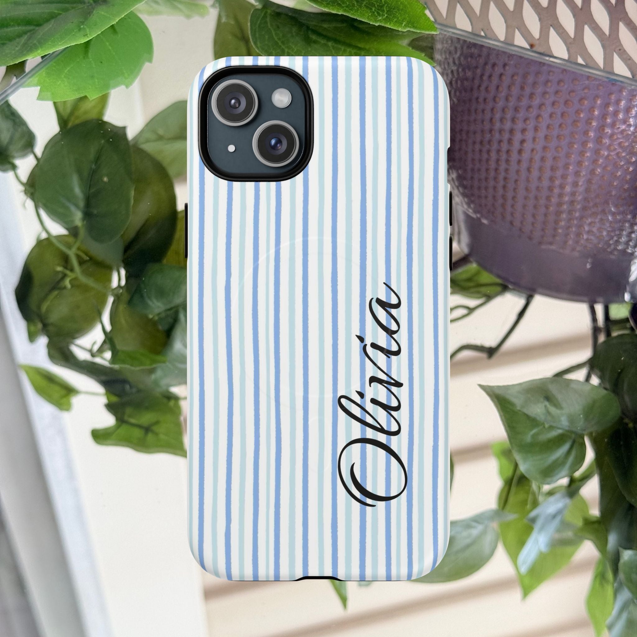 Personalized Light Blue Striped Tough Magnetic Phone Case