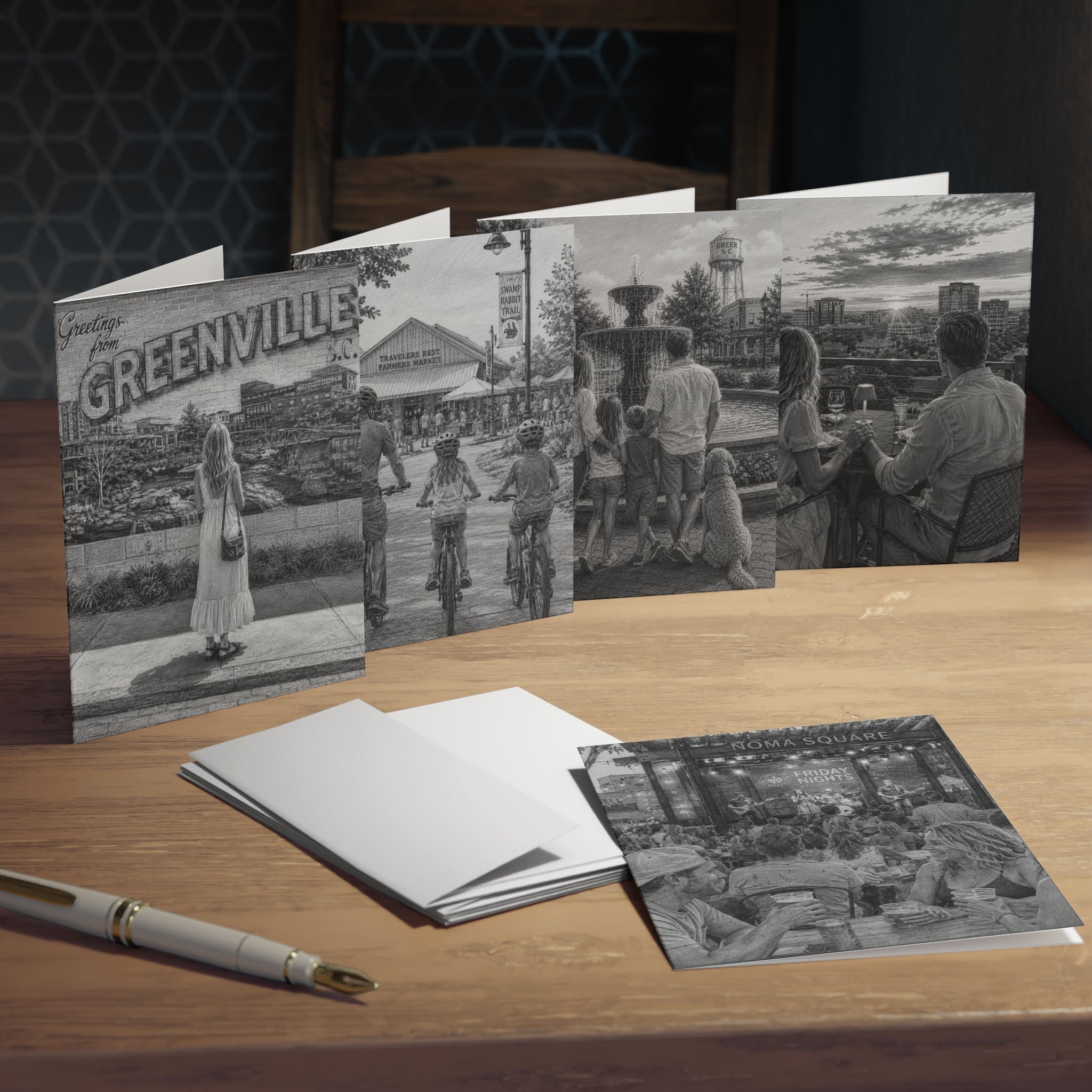 The 864 Upstate SC Greeting Cards (5-Pack) — Pencil Sketch Notecards, Blank Inside