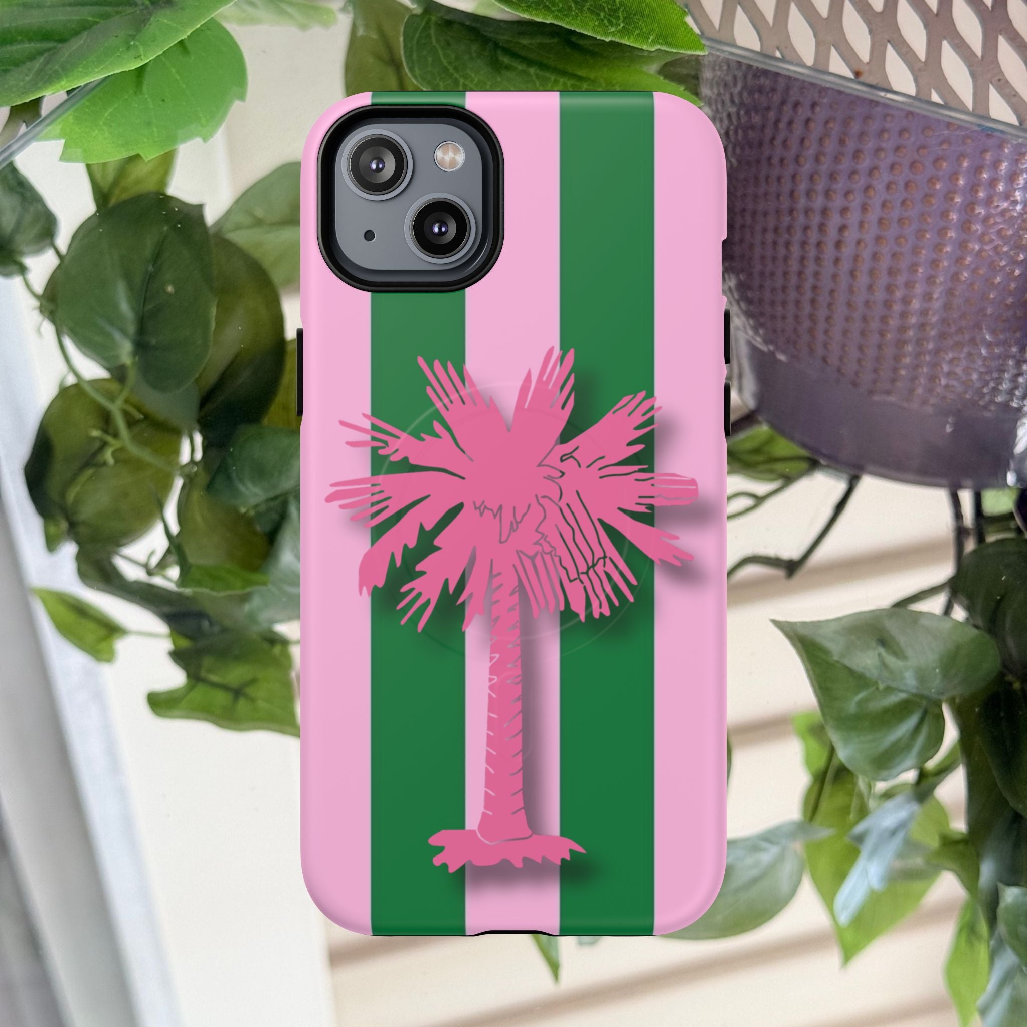 Preppy Pink & Green Striped Palm Magnetic Phone Case