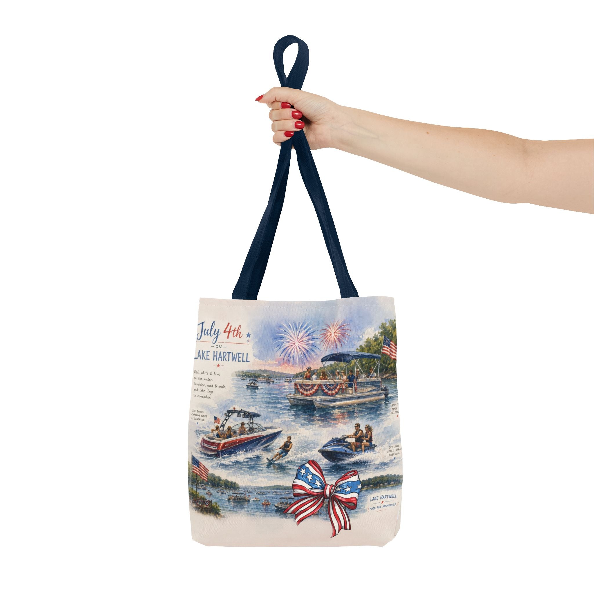 Patriotic 4th of July Lake Scene Tote Bag — 'July 4th Lake Hartwell' American Flag Bow