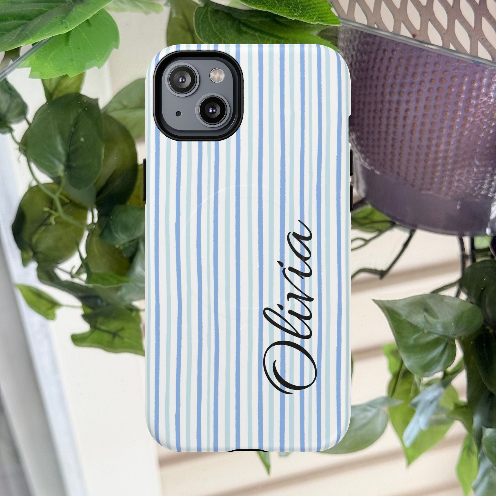Personalized Light Blue Striped Tough Magnetic Phone Case