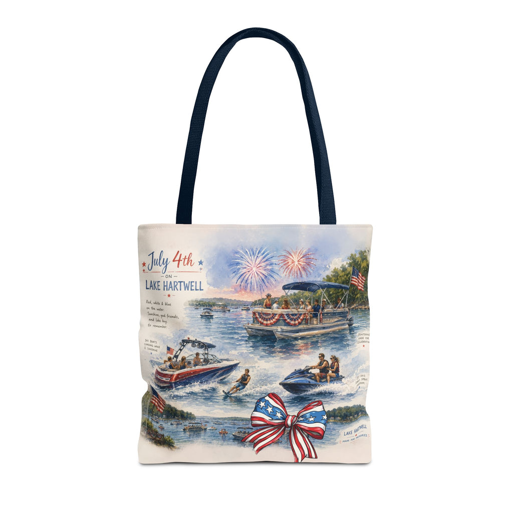 Patriotic 4th of July Lake Scene Tote Bag — 'July 4th Lake Hartwell' American Flag Bow