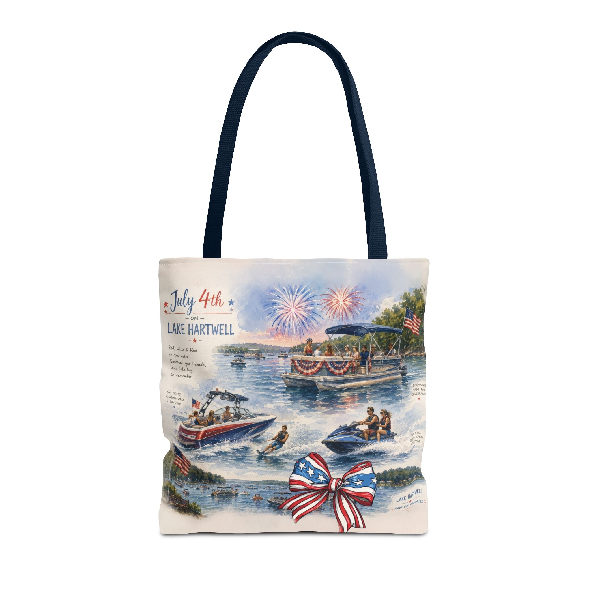 Patriotic 4th of July Lake Scene Tote Bag — 'July 4th Lake Hartwell' American Flag Bow