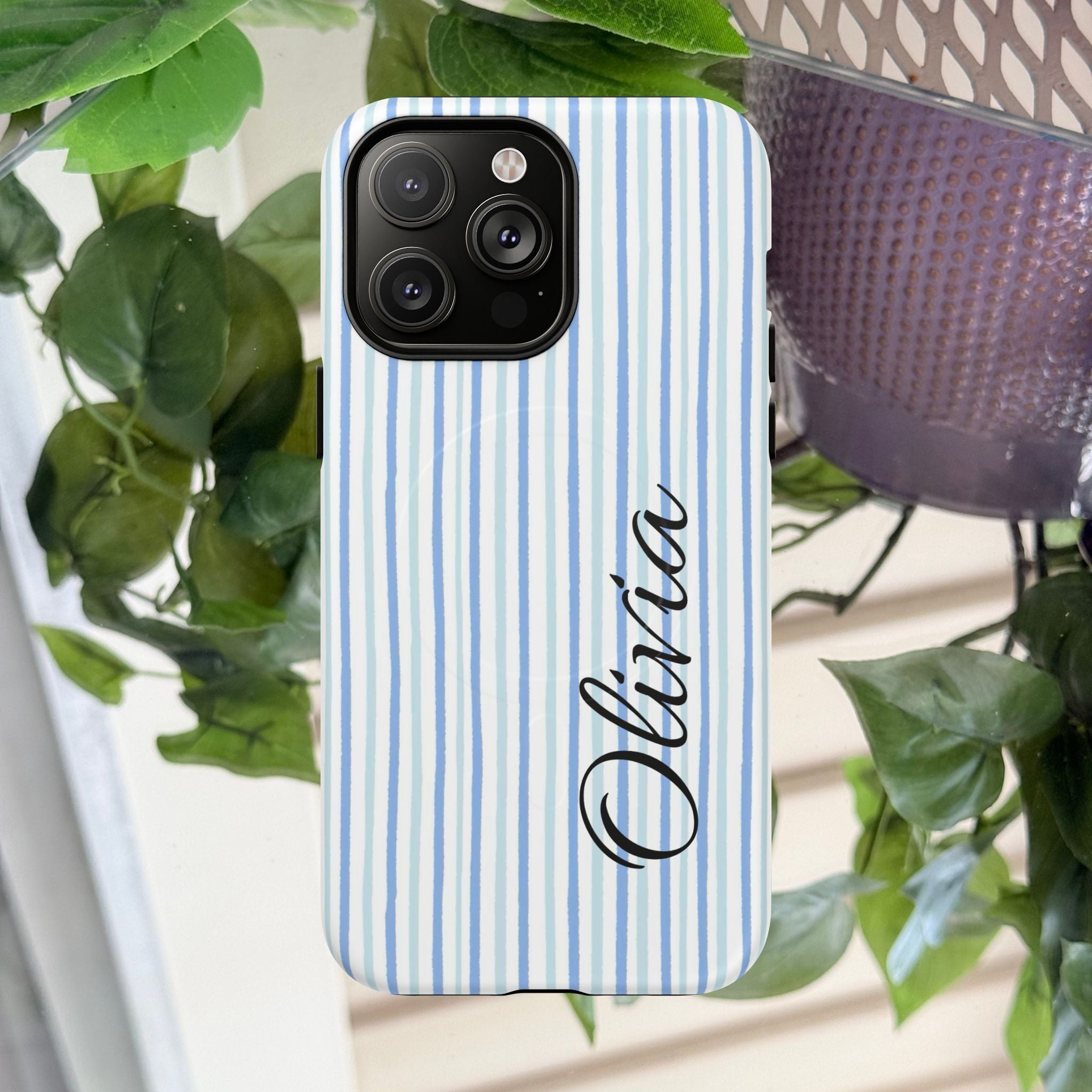 Personalized Light Blue Striped Tough Magnetic Phone Case