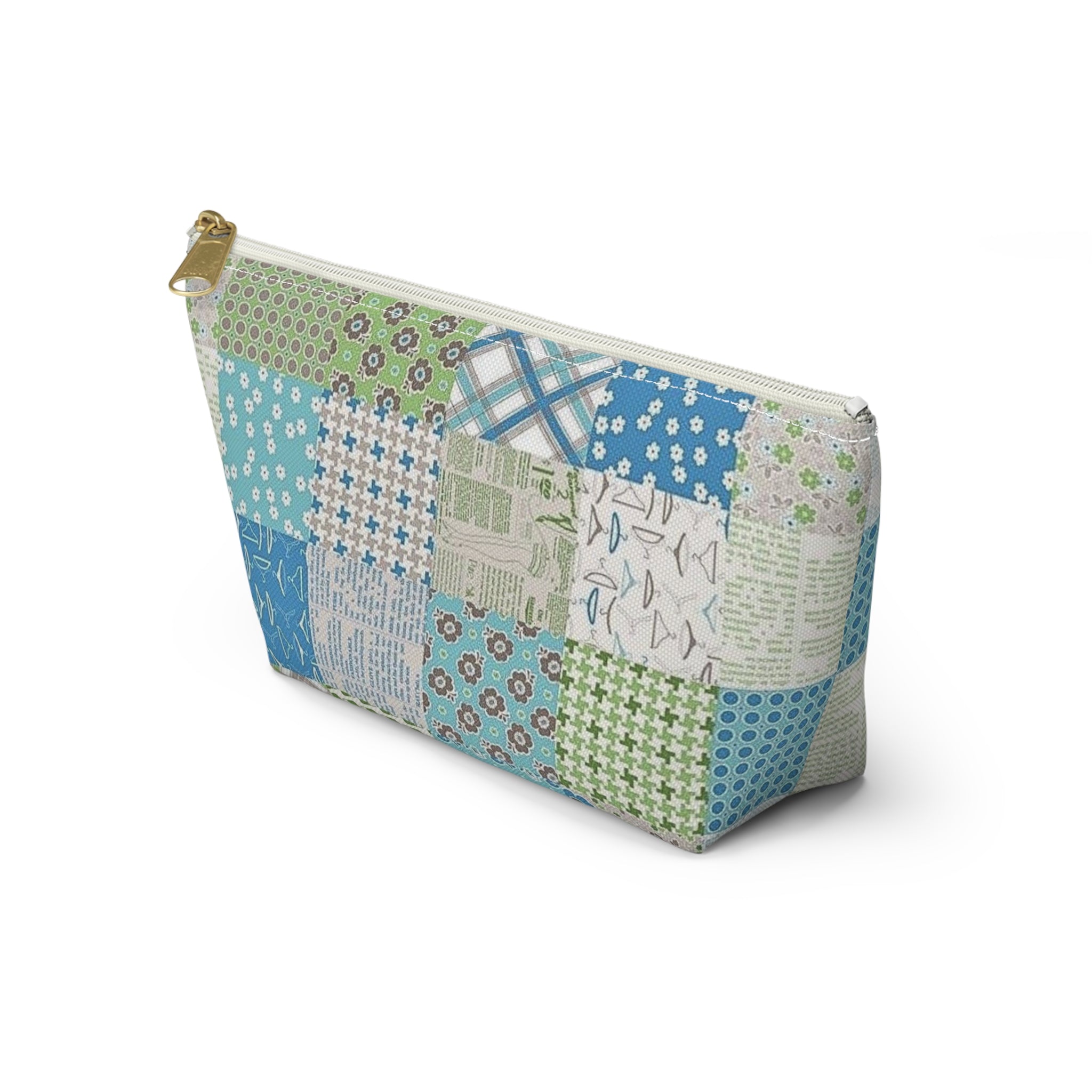 Blue & Green Patchwork Accessory Pouch — Zippered T‑Bottom Bag