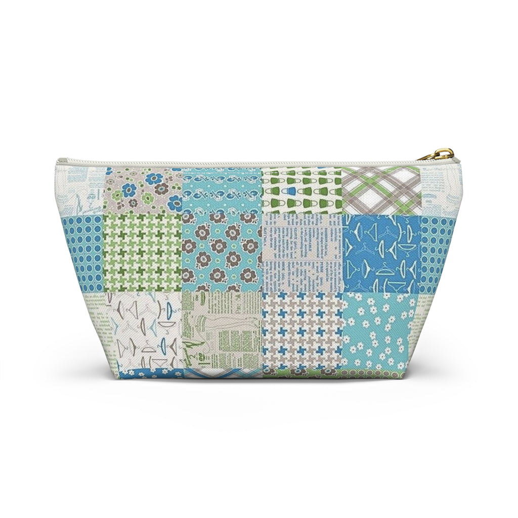 Blue & Green Patchwork Accessory Pouch — Zippered T‑Bottom Bag