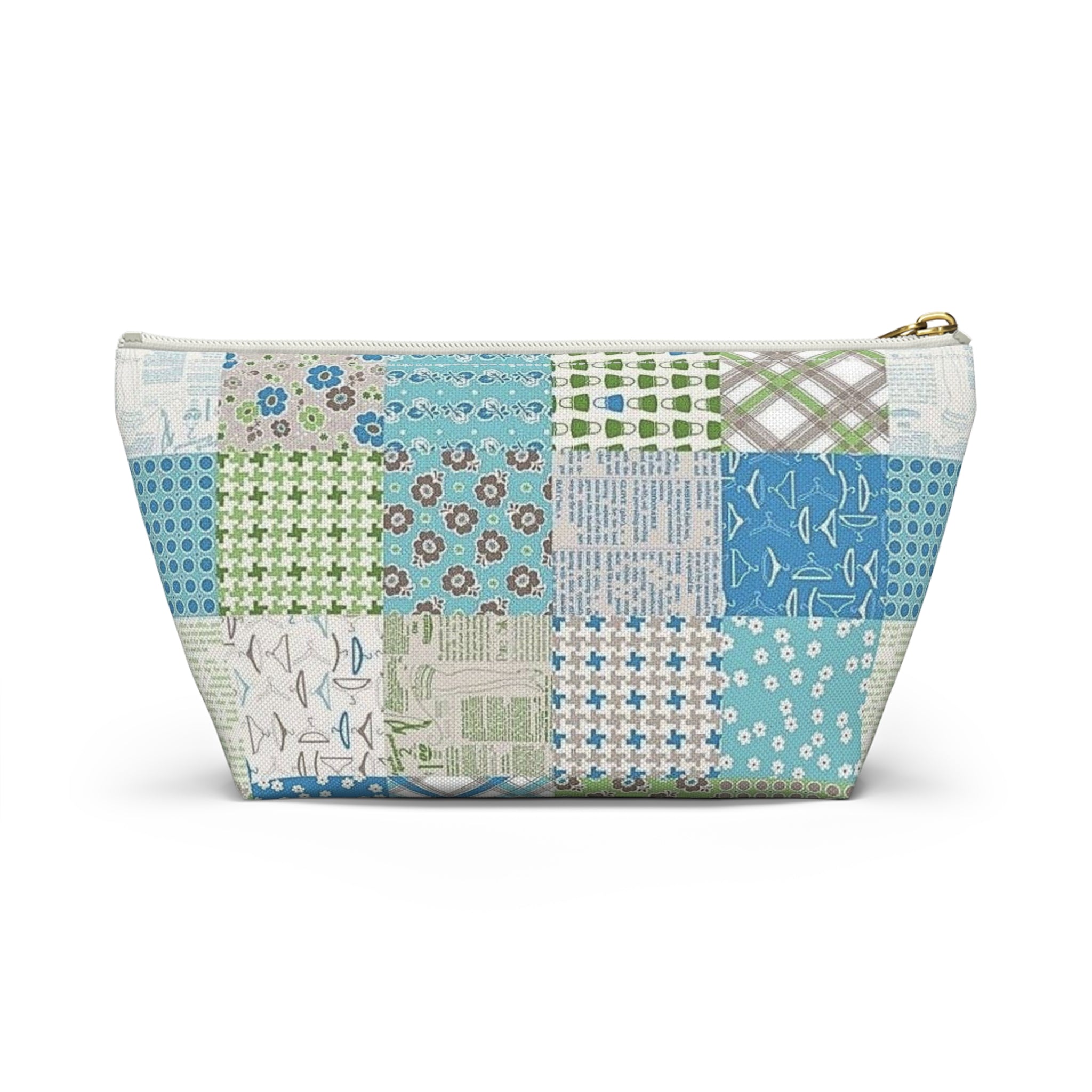 Blue & Green Patchwork Accessory Pouch — Zippered T‑Bottom Bag