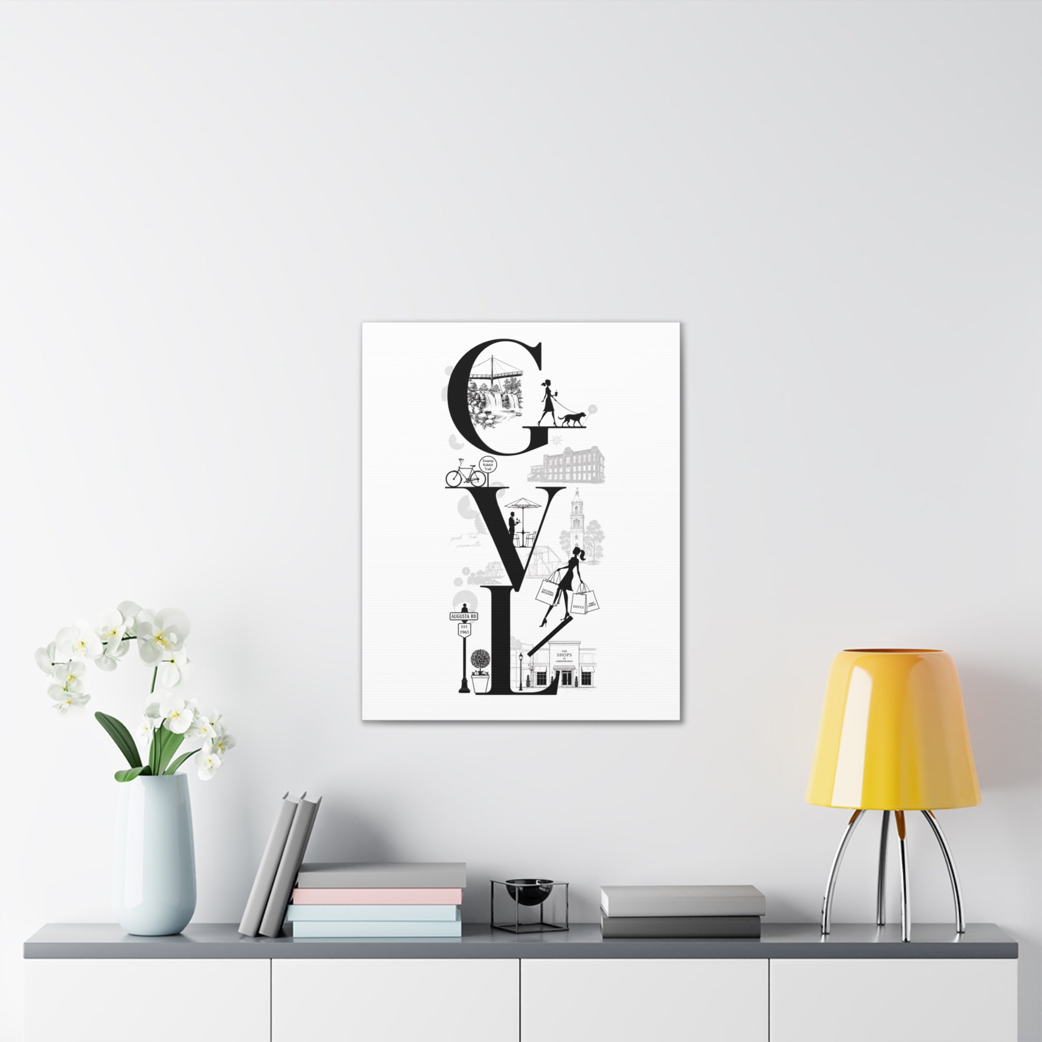Greenville SC City Vibes Canvas Wall Art  ‘GVL’ Fashion & Travel Silhouette Print