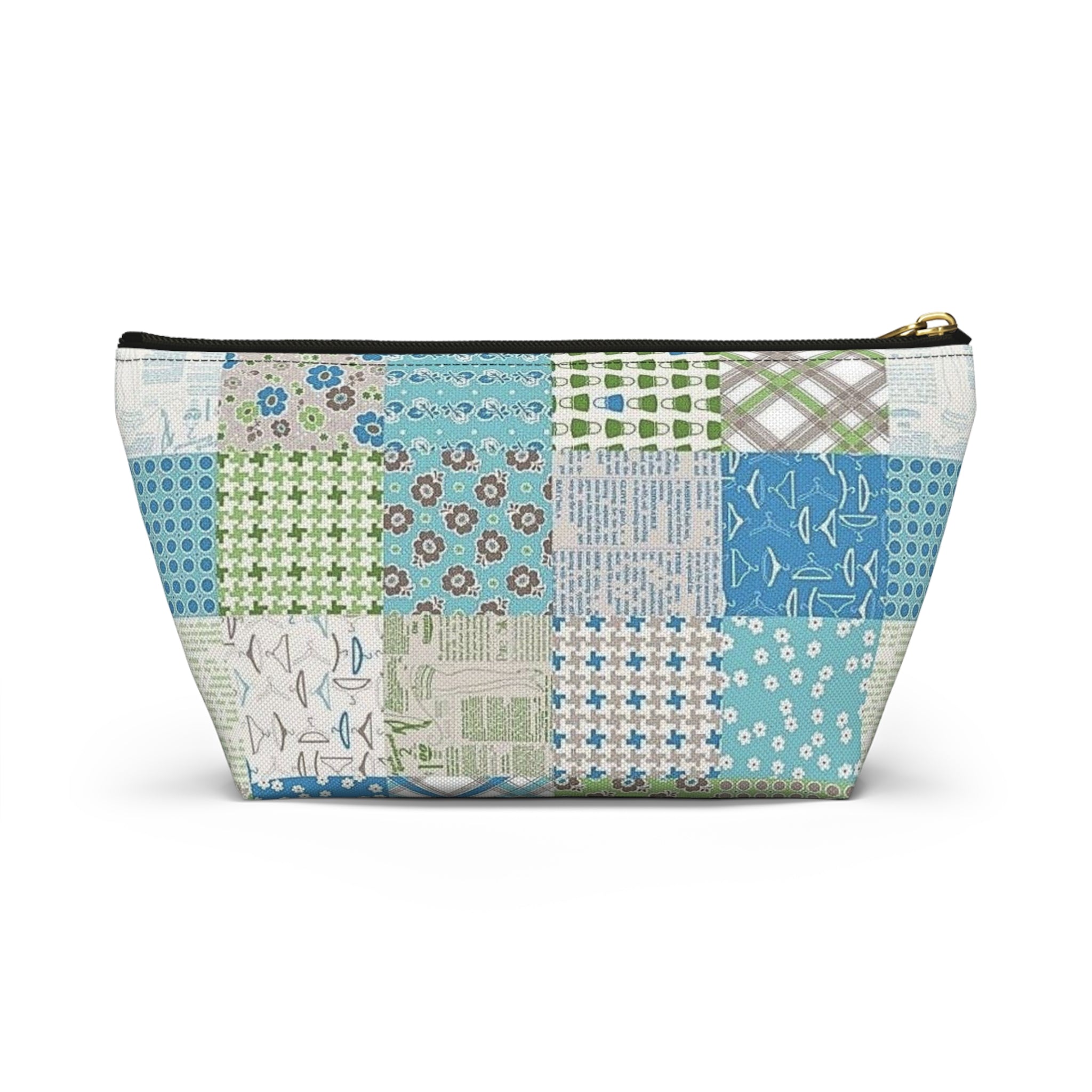 Blue & Green Patchwork Accessory Pouch — Zippered T‑Bottom Bag