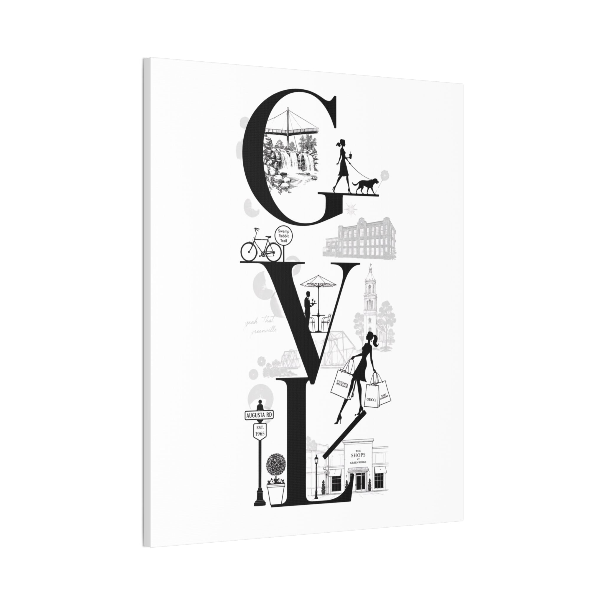 Greenville SC City Vibes Canvas Wall Art  ‘GVL’ Fashion & Travel Silhouette Print