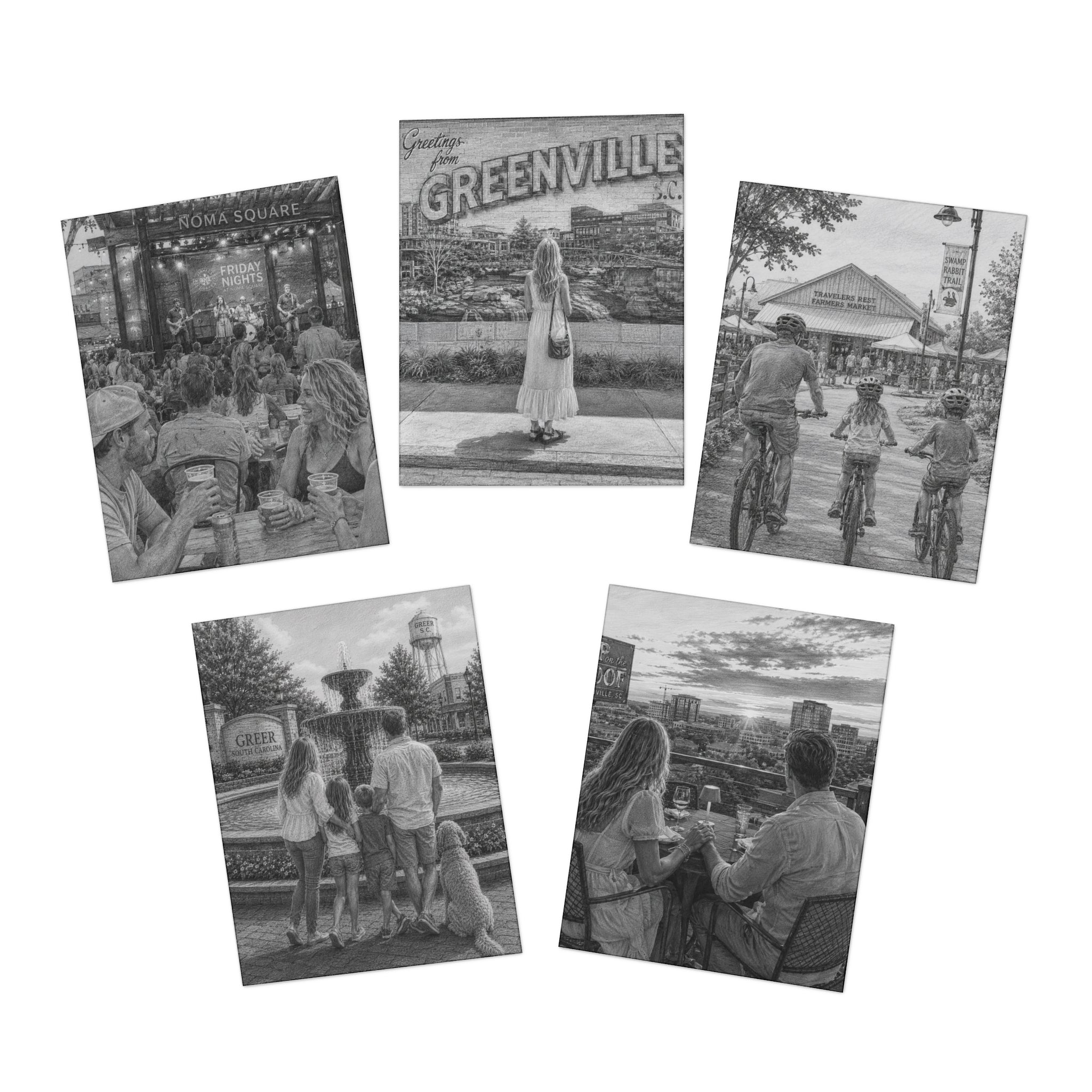 The 864 Upstate SC Greeting Cards (5-Pack) — Pencil Sketch Notecards, Blank Inside