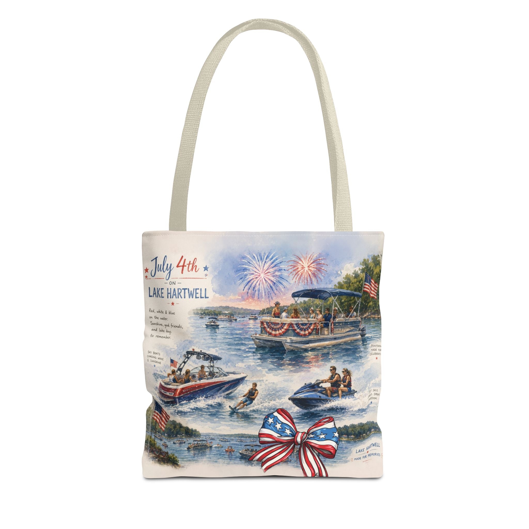 Patriotic 4th of July Lake Scene Tote Bag — 'July 4th Lake Hartwell' American Flag Bow