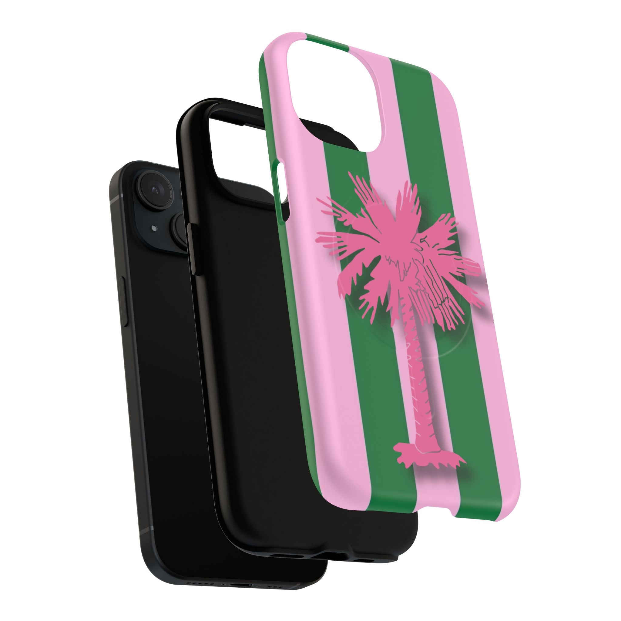 Preppy Pink & Green Striped Palm Magnetic Phone Case
