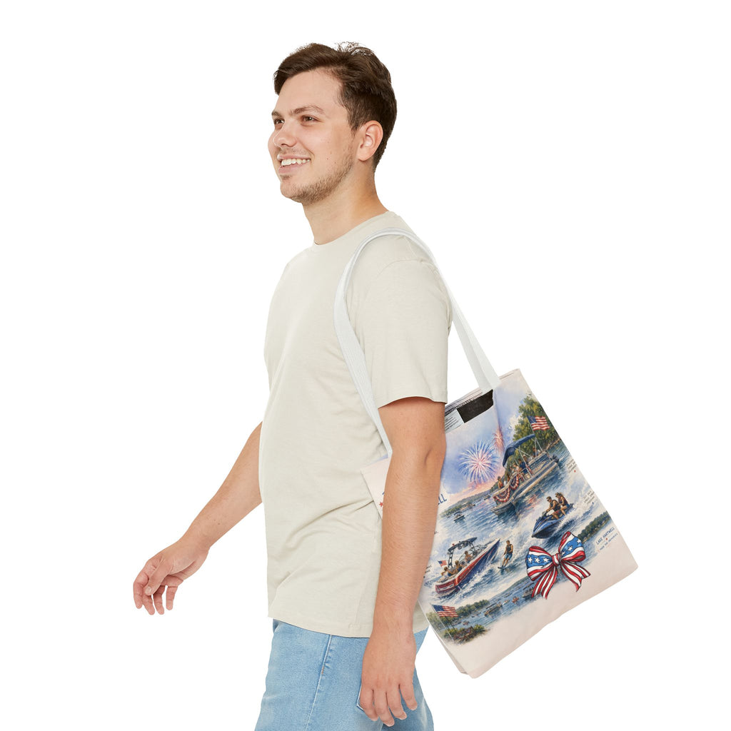 Patriotic 4th of July Lake Scene Tote Bag — 'July 4th Lake Hartwell' American Flag Bow