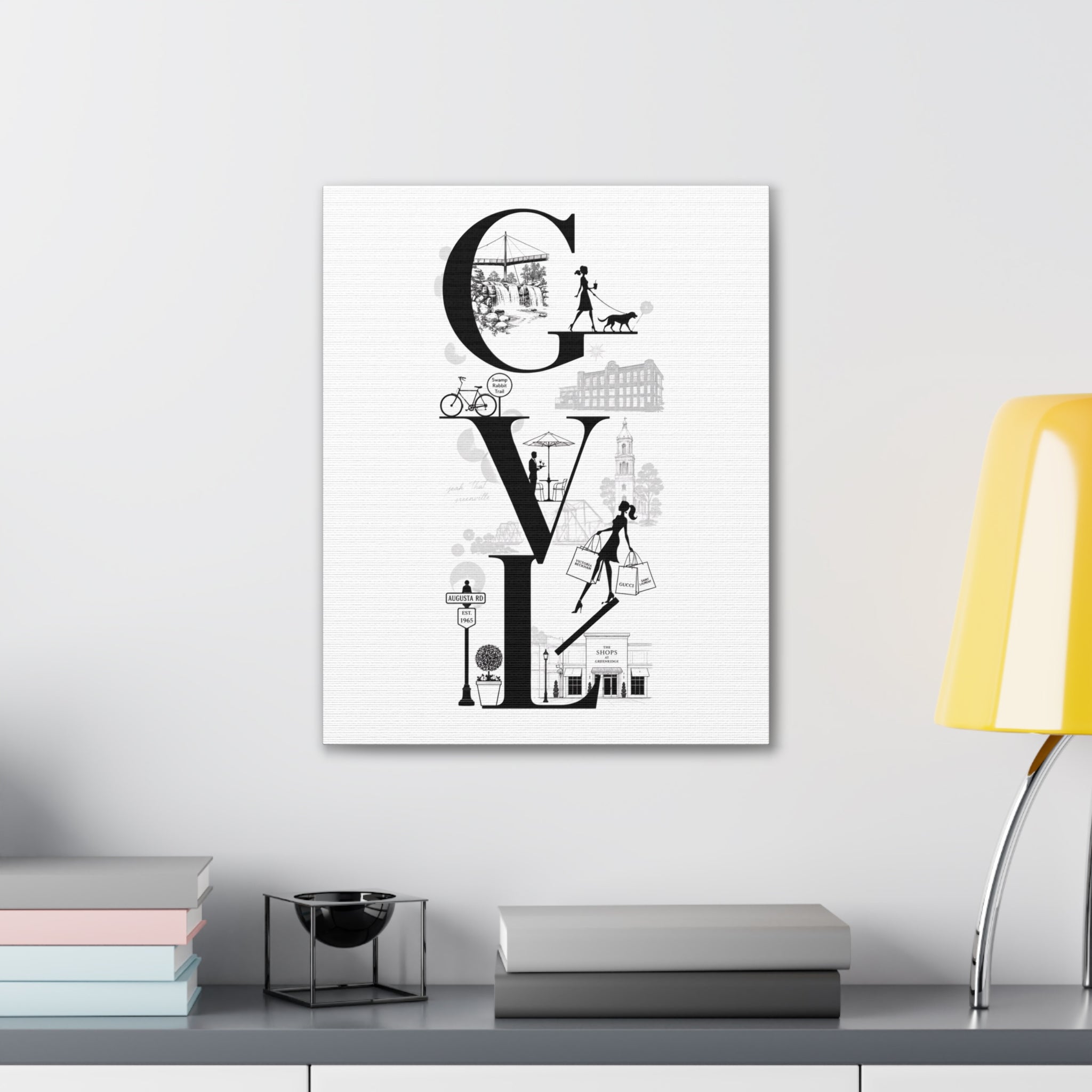 Greenville SC City Vibes Canvas Wall Art  ‘GVL’ Fashion & Travel Silhouette Print