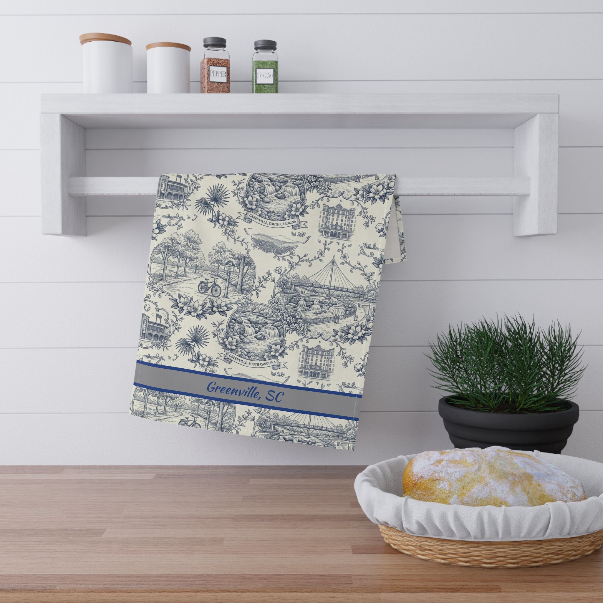 Greenville, SC Toile Kitchen Towel — Decorative Cotton-Poly Tea Towel