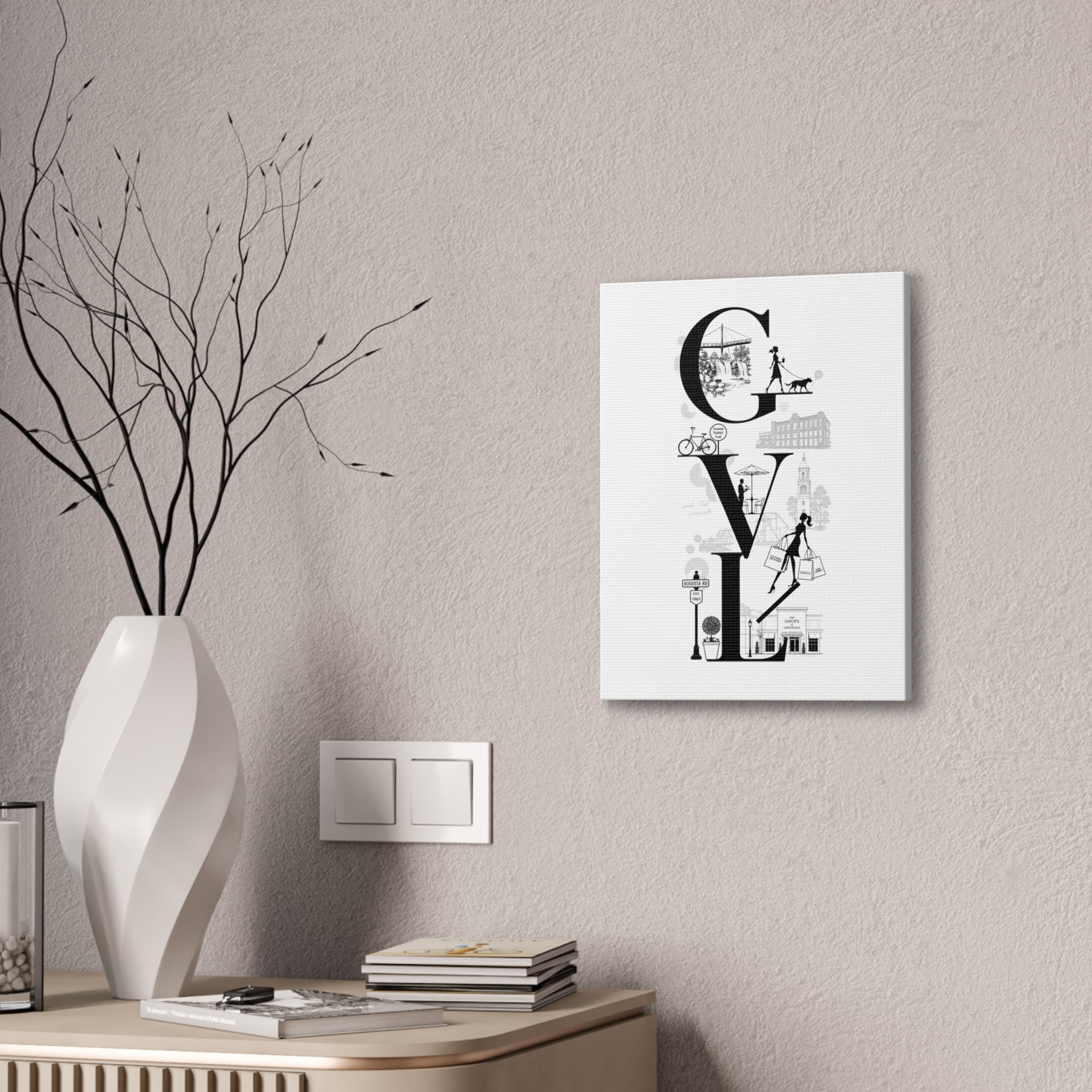 Greenville SC City Vibes Canvas Wall Art  ‘GVL’ Fashion & Travel Silhouette Print