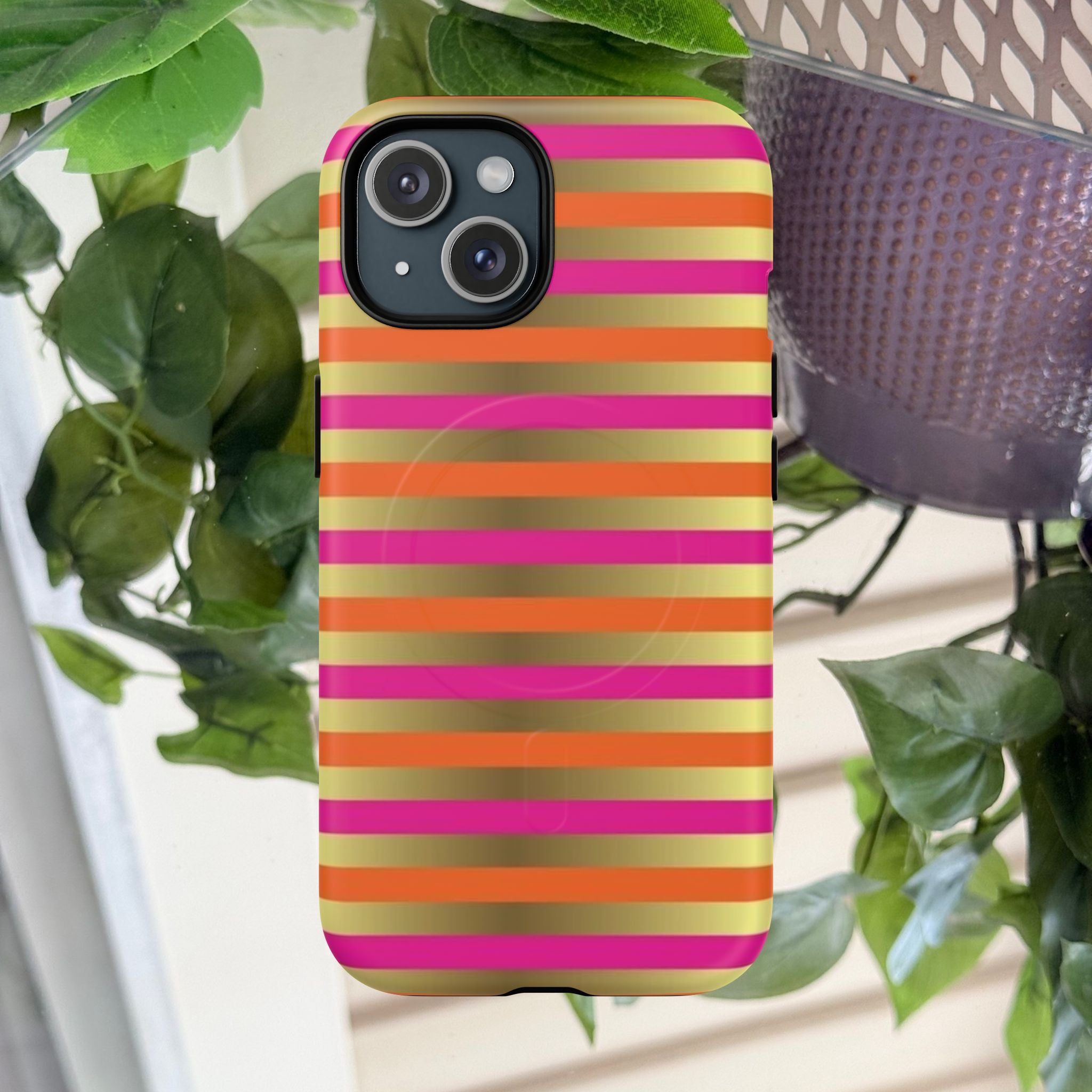 Bright Pink & Orange Striped Foil Gold Magnetic Phone Case