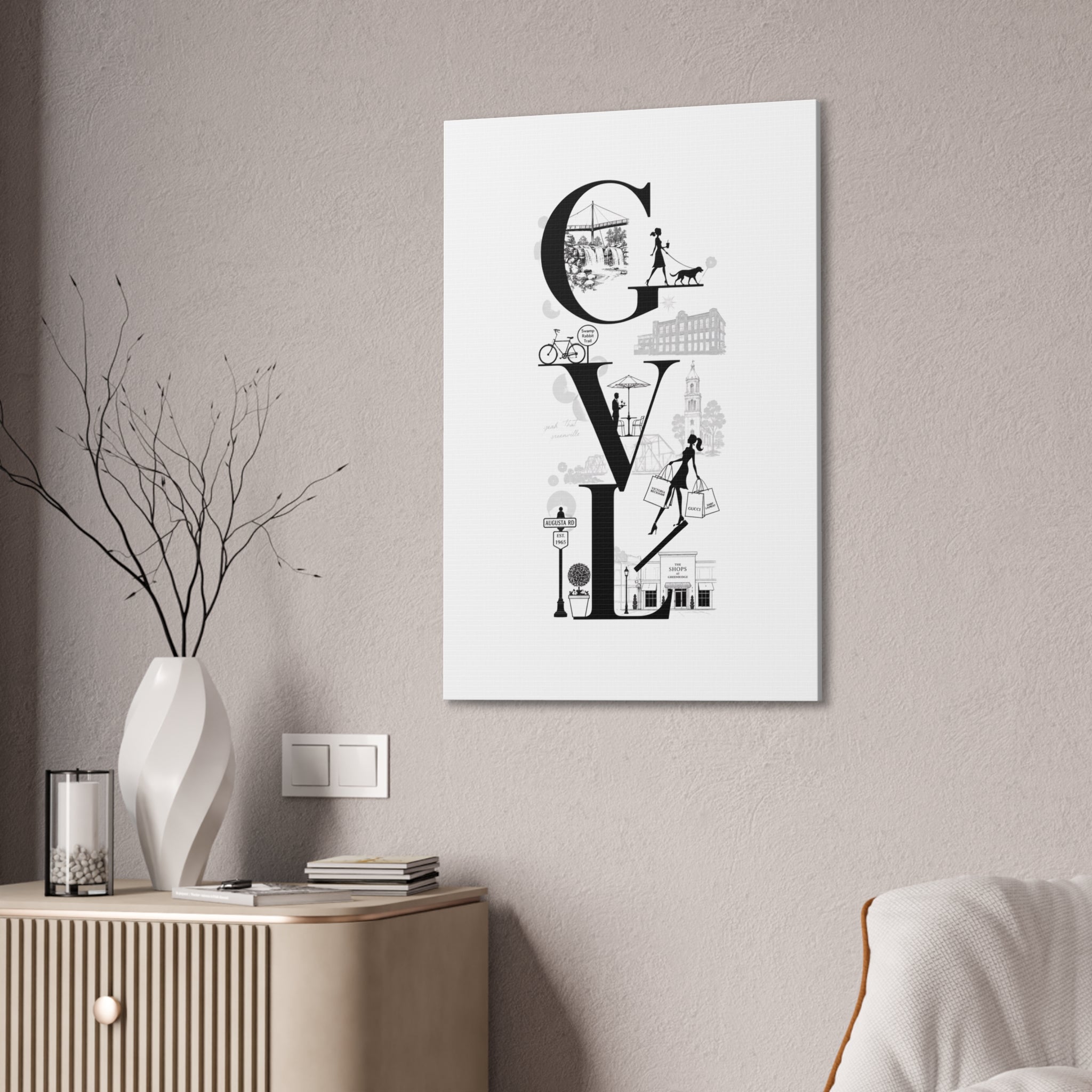 Greenville SC City Vibes Canvas Wall Art  ‘GVL’ Fashion & Travel Silhouette Print