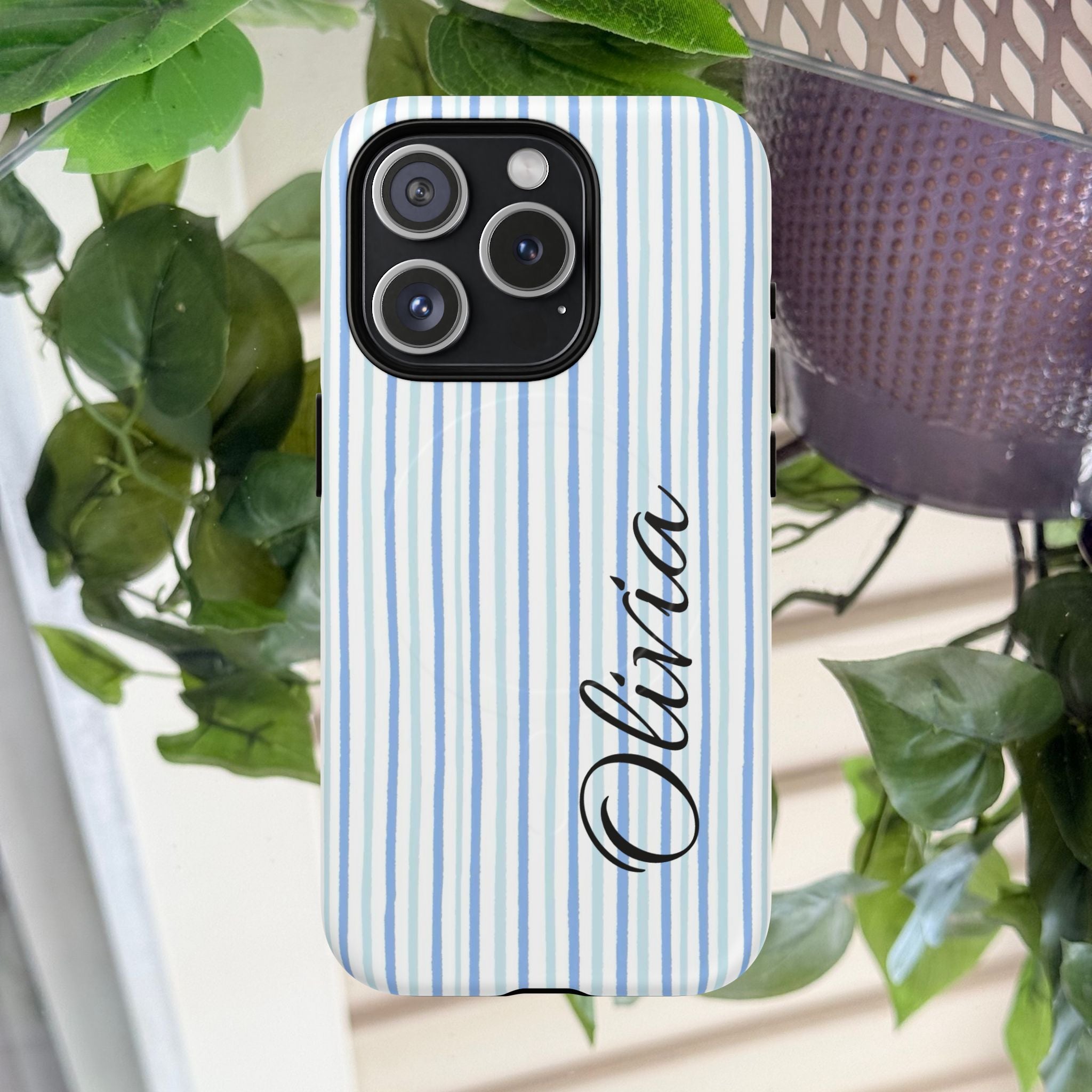 Personalized Light Blue Striped Tough Magnetic Phone Case