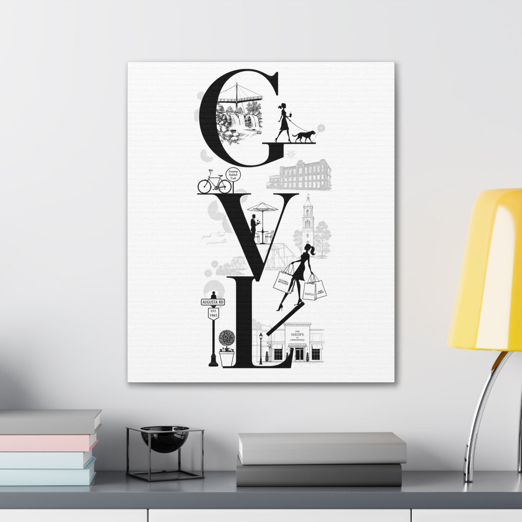 Greenville SC City Vibes Canvas Wall Art  ‘GVL’ Fashion & Travel Silhouette Print