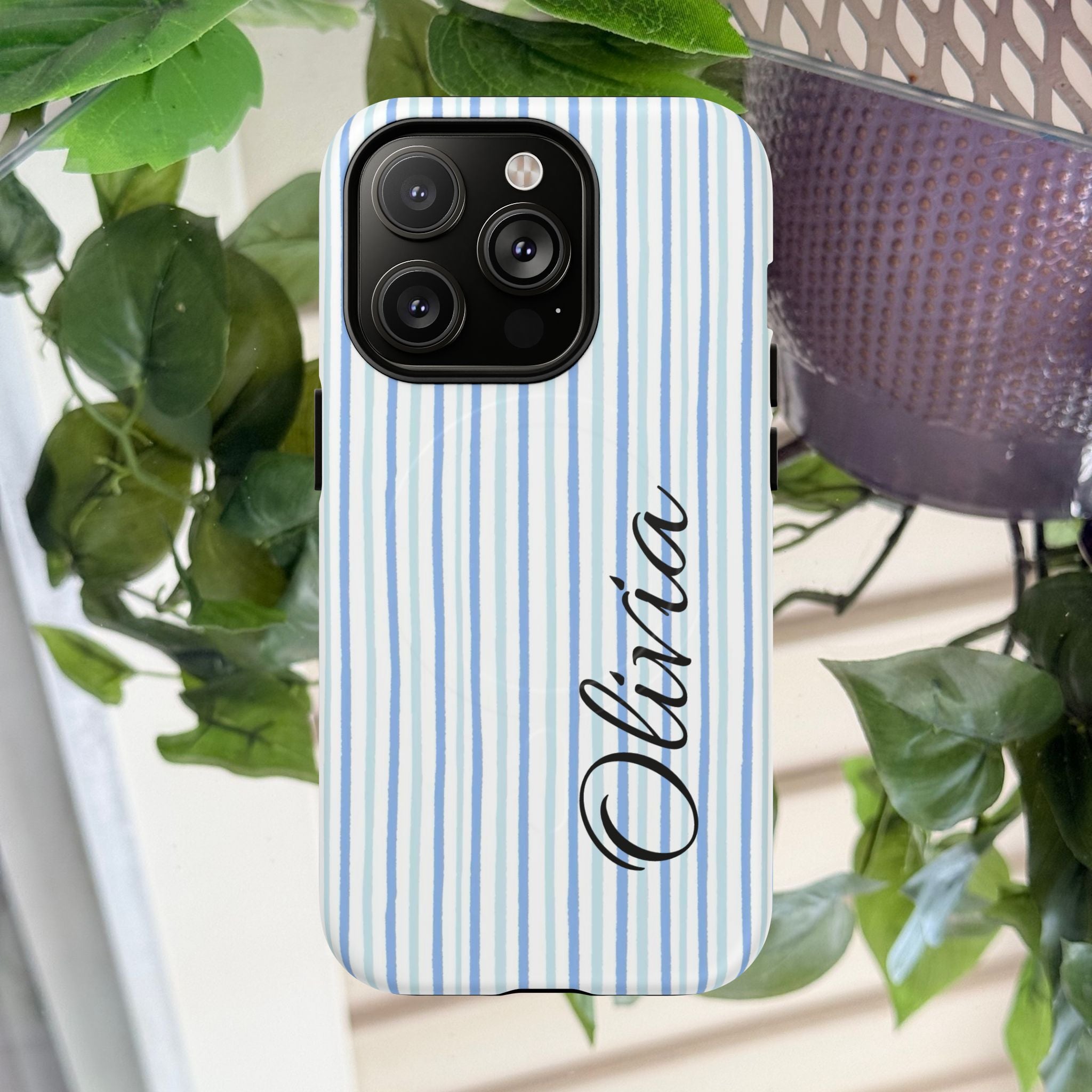 Personalized Light Blue Striped Tough Magnetic Phone Case