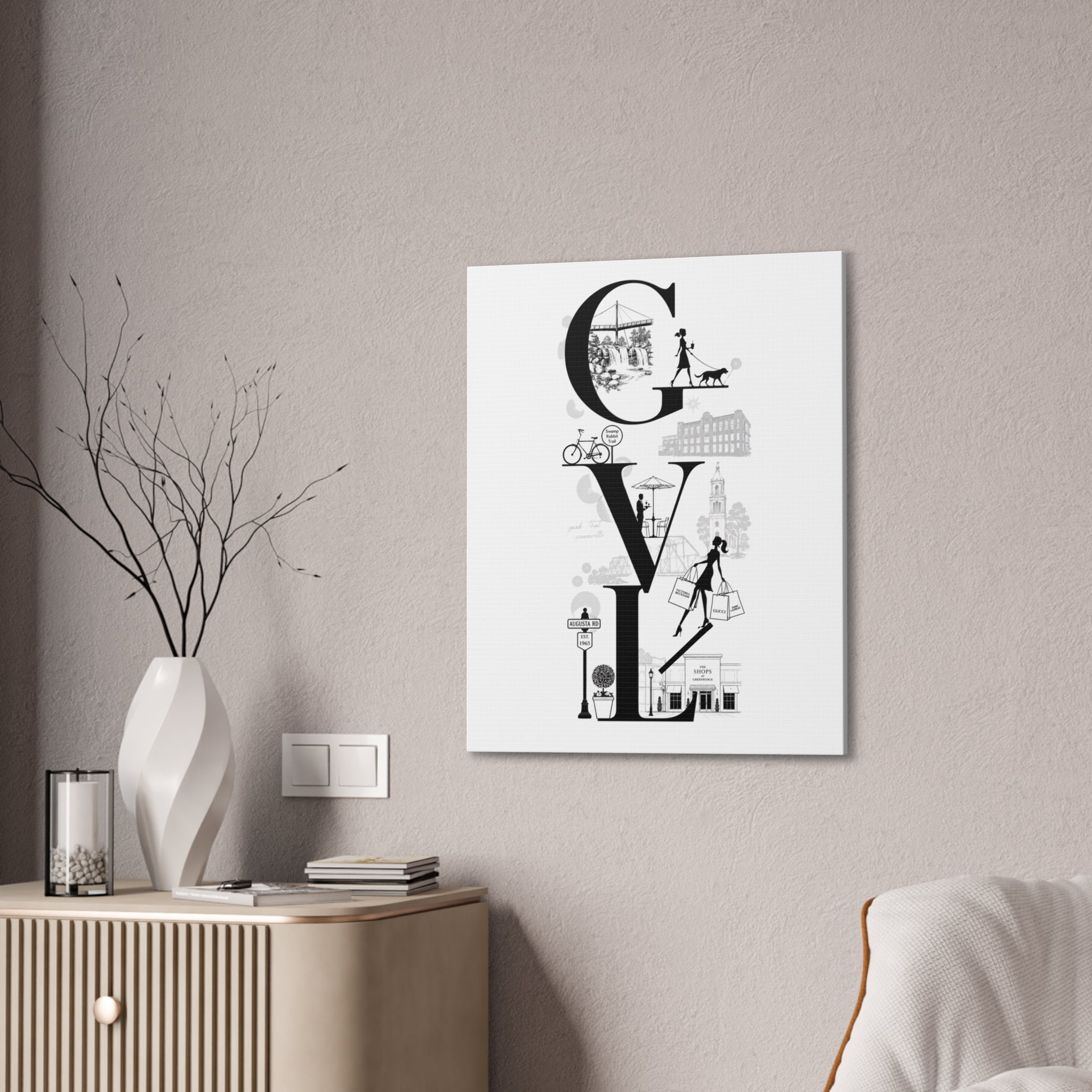 Greenville SC City Vibes Canvas Wall Art  ‘GVL’ Fashion & Travel Silhouette Print