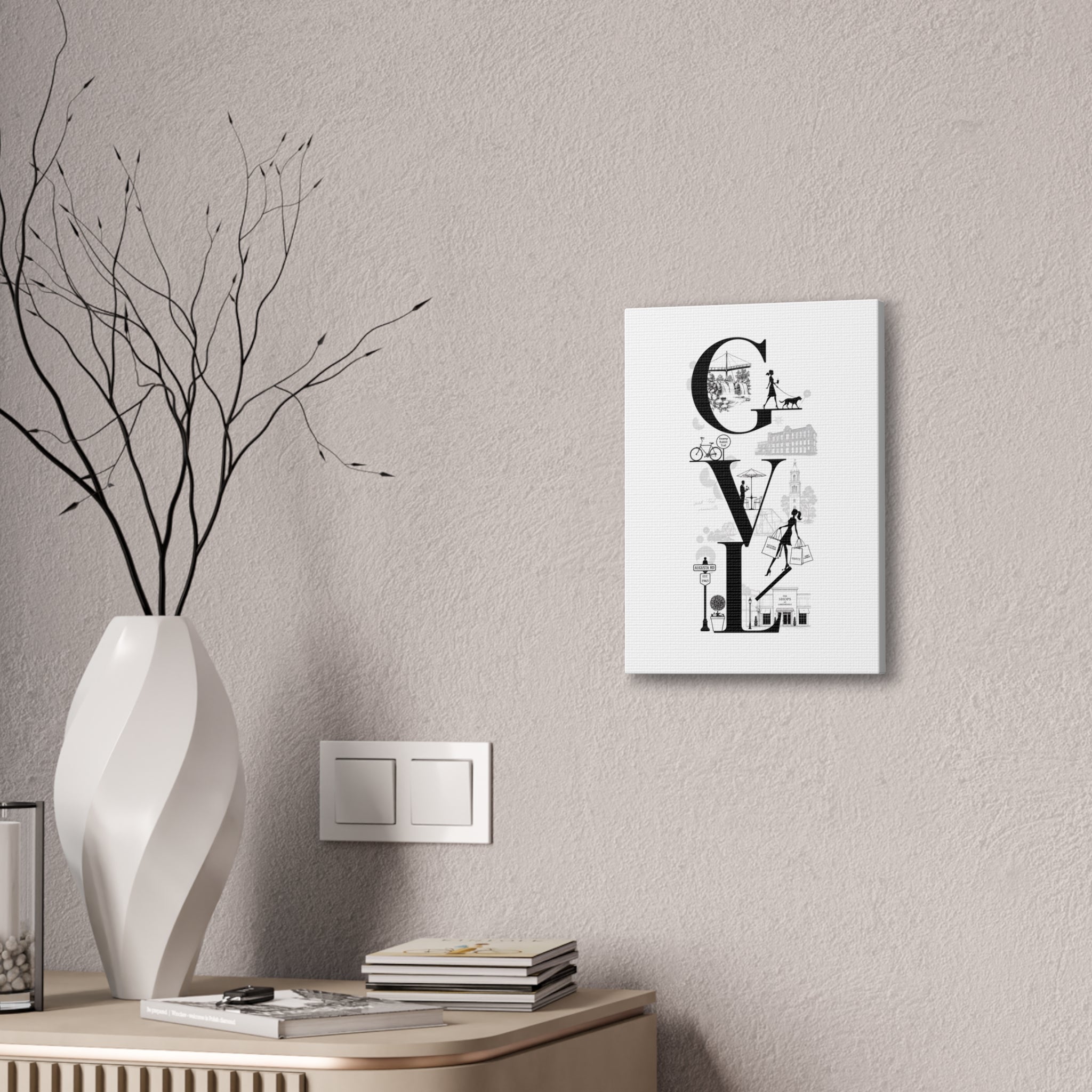 Greenville SC City Vibes Canvas Wall Art  ‘GVL’ Fashion & Travel Silhouette Print