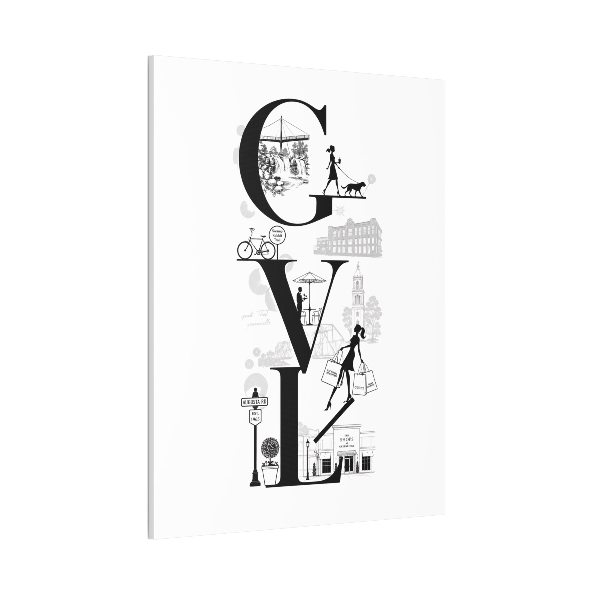 Greenville SC City Vibes Canvas Wall Art  ‘GVL’ Fashion & Travel Silhouette Print