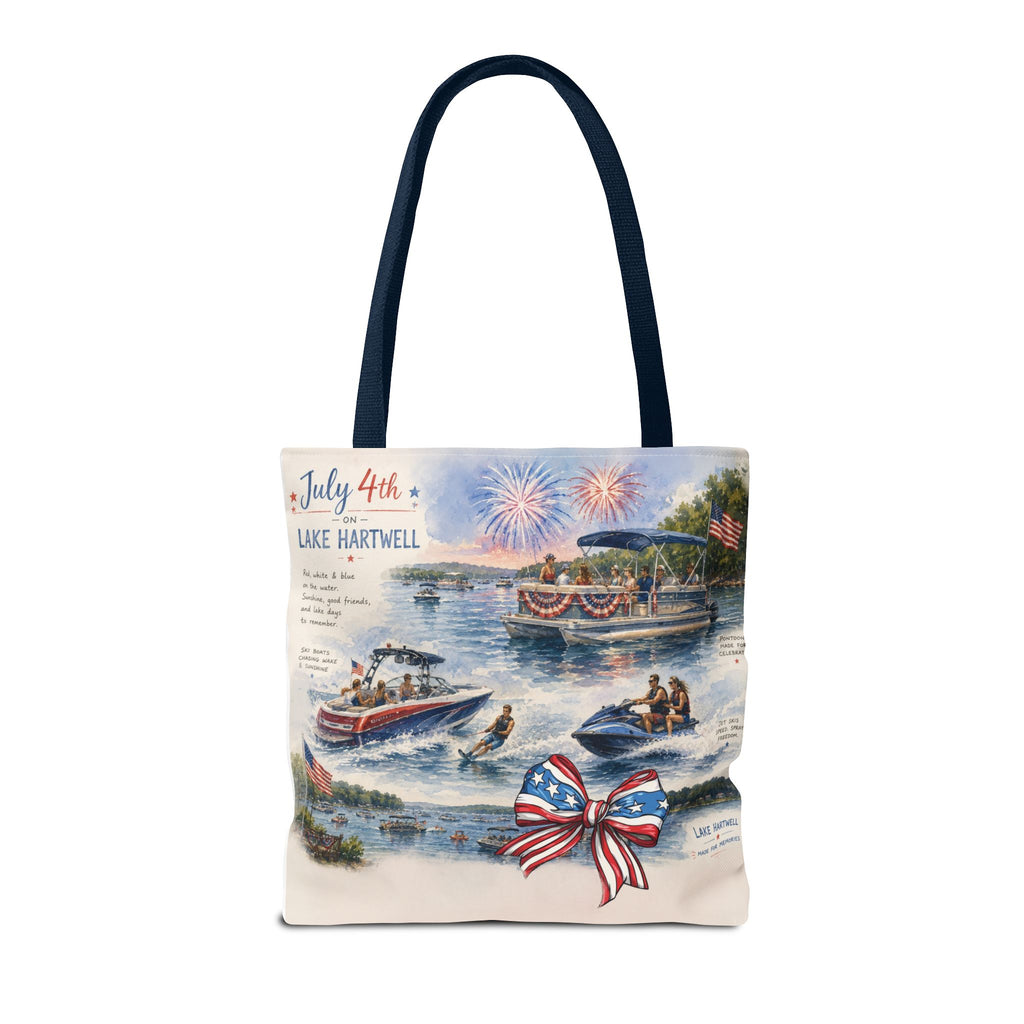 Patriotic 4th of July Lake Scene Tote Bag — 'July 4th Lake Hartwell' American Flag Bow
