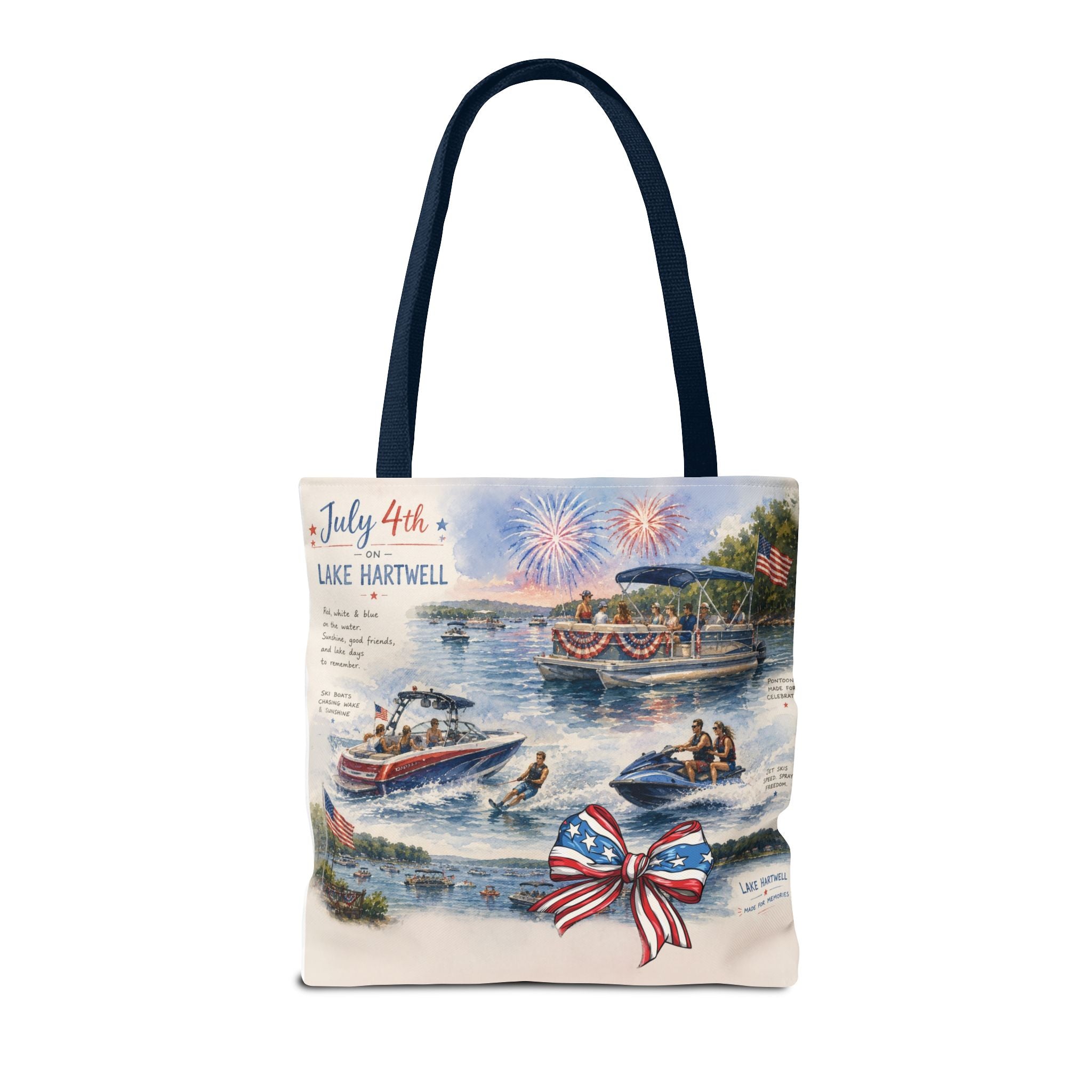 Patriotic 4th of July Lake Scene Tote Bag — 'July 4th Lake Hartwell' American Flag Bow