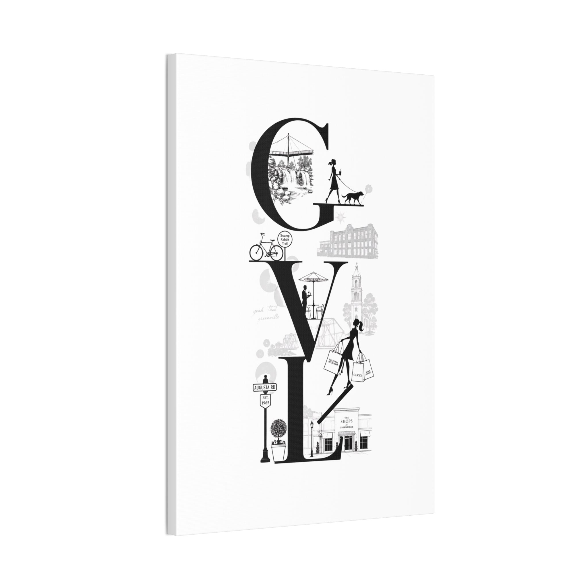 Greenville SC City Vibes Canvas Wall Art  ‘GVL’ Fashion & Travel Silhouette Print
